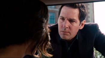 Movie still from “Dinner for Schmucks” (2010), directed by Jay Roach – A man and a woman in the back seat of a car; Close Up shot, Over the shoulder angle