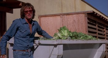 Movie still from “Dirty Mary Crazy Larry” (1974), directed by John Hough – A man standing next to a pile of lettuce; Medium shot, Low angle