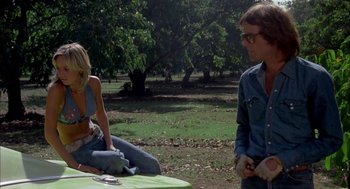 Movie still from “Dirty Mary Crazy Larry” (1974), directed by John Hough – A man and a woman sitting at a table in a field; Medium shot, Low angle