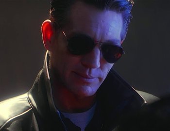 Movie still from “Doctor Who: The Movie” (1996), directed by Geoffrey Sax – A person wearing sunglasses and a jacket; Close Up shot, Low angle
