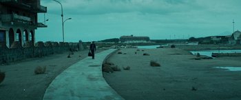 Movie still from “Dogman” (2018), directed by Matteo Garrone – A man walking down a sidewalk near a body of water; Extreme Wide shot, High angle