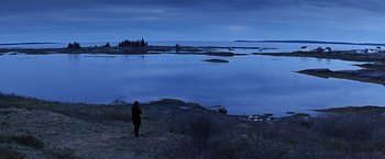 Movie still from “Dolores Claiborne” (1995), directed by Taylor Hackford – A person standing on top of a grass covered field; Extreme Wide shot, High angle