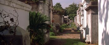Movie still from “Double Jeopardy” (1999), directed by Bruce Beresford – A cemetery with a lot of flowers growing on the ground; Extreme Wide shot, Over the shoulder angle