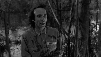 Movie still from “Down by Law” (1986), directed by Jim Jarmusch – Black and white photograph of a man in a forest; Close Up shot, Over the shoulder angle