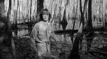 Movie still from “Down by Law” (1986), directed by Jim Jarmusch – A man standing in the middle of a swamp; Medium shot, Low angle