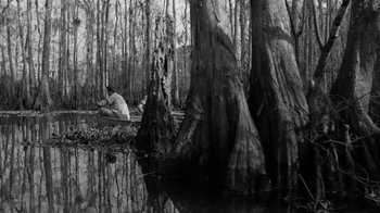 Movie still from “Down by Law” (1986), directed by Jim Jarmusch – A man sitting on the ground next to a body of water surrounded by trees; Extreme Wide shot, Low angle