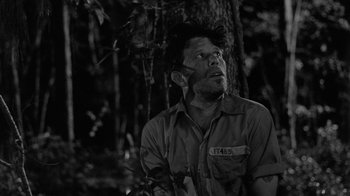 Movie still from “Down by Law” (1986), directed by Jim Jarmusch – Black and white photograph of a man looking up; Medium shot, Low angle