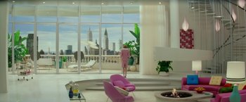Movie still from “Down with Love” (2003), directed by Peyton Reed – A woman standing in front of a window in a living room; Extreme Wide shot, High angle