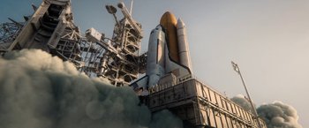 Movie still from “Don't Look Up” (2021), directed by Adam McKay – The space shuttle is on the launch pad; Extreme Wide shot, Low angle