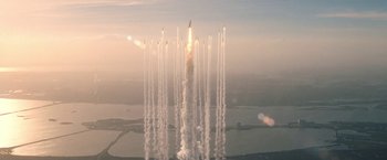 Movie still from “Don't Look Up” (2021), directed by Adam McKay – A group of rockets launch into the sky; Extreme Wide shot, Low angle