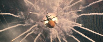 Movie still from “Don't Look Up” (2021), directed by Adam McKay – An image of a space ship in the sky; Extreme Wide shot, Overhead angle