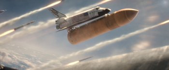 Movie still from “Don't Look Up” (2021), directed by Adam McKay – A space shuttle is flying in the sky; Extreme Wide shot, Low angle