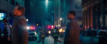Movie still from “Don't Look Up” (2021), directed by Adam McKay – A man standing in the middle of a street at night; Wide shot, Over the shoulder angle