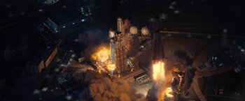 Movie still from “Don't Look Up” (2021), directed by Adam McKay – An aerial view of a space shuttle launching; Extreme Wide shot, Overhead angle