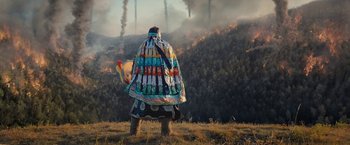 Movie still from “Don't Look Up” (2021), directed by Adam McKay – A man in a colorful outfit standing in front of a forest; Extreme Wide shot, High angle