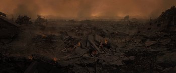 Movie still from “Don't Look Up” (2021), directed by Adam McKay – An image of an apocalyptic scene with fire in the background; Extreme Wide shot, High angle