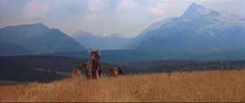 Movie still from “DragonHeart” (1996), directed by Rob Cohen – An image of an animal in a field with mountains in the background; Extreme Wide shot, High angle