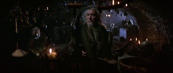 Movie still from “Dragonslayer” (1981), directed by Matthew Robbins – An old man with long white hair and a long beard; Medium shot, Low angle