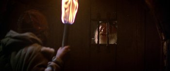 Movie still from “Dragonslayer” (1981), directed by Matthew Robbins – An old man with a beard holding a torch in front of a window; Close Up shot, Over the shoulder angle
