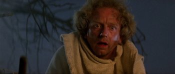 Movie still from “Dragonslayer” (1981), directed by Matthew Robbins – An old man with a beard is looking at the camera; Close Up shot, Low angle