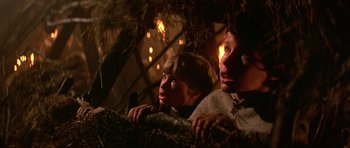 Movie still from “Dragonslayer” (1981), directed by Matthew Robbins – Two people are looking out of a window at a tree; Close Up shot, Low angle