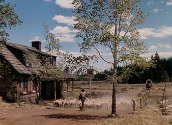 Movie still from “Drums Along the Mohawk” (1939), directed by John Ford – A man herding a herd of sheep in a field; Extreme Wide shot, Low angle