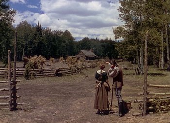 Movie still from “Drums Along the Mohawk” (1939), directed by John Ford – A man and a woman are standing in a field; Wide shot, High angle