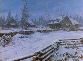 Movie still from “Drums Along the Mohawk” (1939), directed by John Ford – A painting of a snow covered field with trees and houses; Extreme Wide shot, High angle