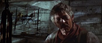 Movie still from “Duck, You Sucker!” (1971), directed by Sergio Leone – A man standing in front of a bird in a cage; Close Up shot, Low angle