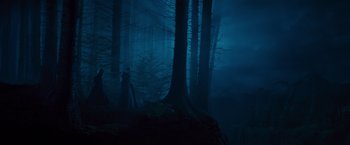 Movie still from “Dracula Untold” (2014), directed by Gary Shore – Two people standing in the middle of a forest at night; Extreme Wide shot, Low angle