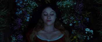 Movie still from “Dracula Untold” (2014), directed by Gary Shore – A woman with her eyes closed in a field of flowers; Close Up shot, Overhead angle