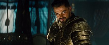 Movie still from “Dracula Untold” (2014), directed by Gary Shore – A person wearing a costume; Medium shot, Over the shoulder angle