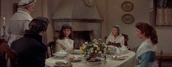 Movie still from “Désirée” (1954), directed by Henry Koster – Two women sitting at a dinner table with a fire place in the background; Medium shot, Over the shoulder angle