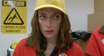 Movie still from “Eagle vs Shark” (2007), directed by Taika Waititi – A person wearing a hat; Close Up shot, Over the shoulder angle