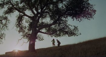 Movie still from “Eat My Dust” (1976), directed by Charles B. Griffith – Two people standing on a hill under a large tree; Extreme Wide shot, Low angle