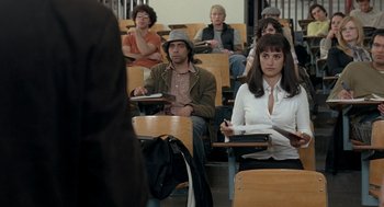 Movie still from “Elegy” (2008), directed by Isabel Coixet – A group of people sitting in a classroom; Medium shot, Over the shoulder angle