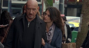 Movie still from “Elegy” (2008), directed by Isabel Coixet – A man and a woman walking down a street; Close Up shot, Over the shoulder angle
