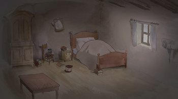 Movie still from “Ernest & Celestine” (2012), directed by Vincent Patar – An illustration of a bedroom with a bed , table , and chair; Wide shot, High angle