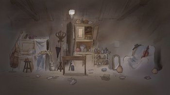 Movie still from “Ernest & Celestine” (2012), directed by Vincent Patar – An artistic drawing of a room with a lot of clutter on the floor; Extreme Wide shot, High angle