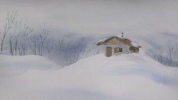 A painting of a house on a hill in the snow