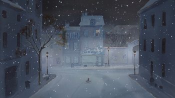 Movie still from “Ernest & Celestine” (2012), directed by Vincent Patar – A painting of a street corner with snow on the ground; Extreme Wide shot, High angle