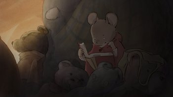 Movie still from “Ernest & Celestine” (2012), directed by Vincent Patar – An illustration of a mouse reading a book in a cave; Extreme Close Up shot, High angle