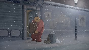 Movie still from “Ernest & Celestine” (2012), directed by Vincent Patar – A cartoon of a bear standing in the snow; Wide shot, Low angle