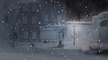 Movie still from “Ernest & Celestine” (2012), directed by Vincent Patar – A cat sitting on the ground in front of a building; Extreme Wide shot, High angle