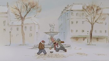 Movie still from “Ernest & Celestine” (2012), directed by Vincent Patar – Two people are playing a game in the snow; Wide shot, Low angle