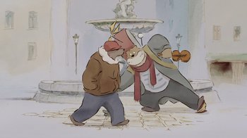Movie still from “Ernest & Celestine” (2012), directed by Vincent Patar – A cartoon of a man and a woman fighting; Wide shot, Low angle