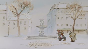 Movie still from “Ernest & Celestine” (2012), directed by Vincent Patar – A painting of a person taking a picture in front of a fountain; Extreme Wide shot, Low angle