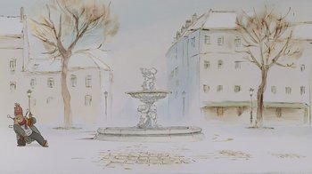 Movie still from “Ernest & Celestine” (2012), directed by Vincent Patar – A painting of a fountain in the middle of a town square; Extreme Wide shot, High angle
