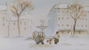 Movie still from “Ernest & Celestine” (2012), directed by Vincent Patar – A painting of a man and a woman walking in front of a fountain; Wide shot, Low angle