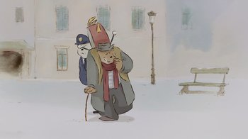 Movie still from “Ernest & Celestine” (2012), directed by Vincent Patar – A man and a woman dressed in winter clothing; Wide shot, Low angle